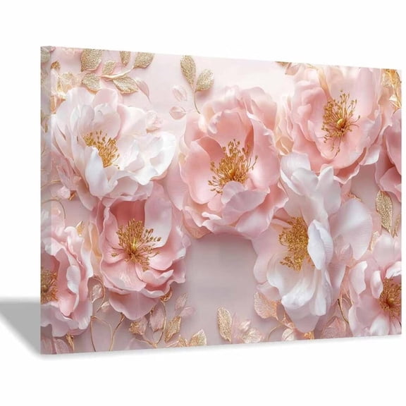 Mudket Pink and White Flowers with Gold Leaves Canvas Wall Art, Framed Floral Print, Ready to Hang Wall Decor for Living Room Bedroom, Luxury Style Artwork - 12"L x 8"W