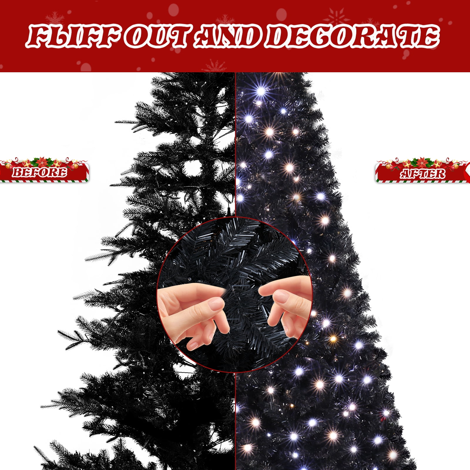Astoutdoor 7.5 ft Pre-lit Artificial Christmas Tree, Hinged Xmas Pine Tree with 1350 Branch Tips, 400 Lights and Remote Control, Black
