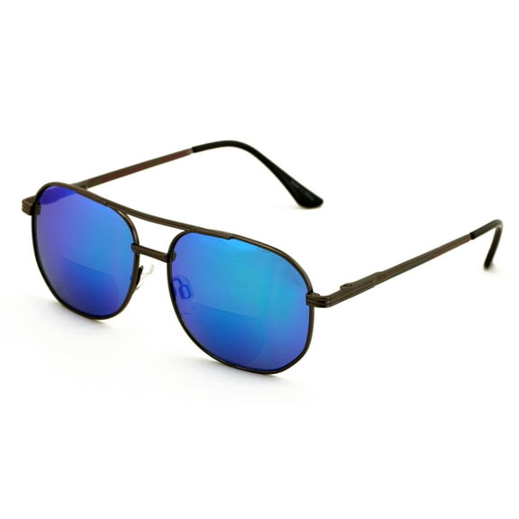 Color Mirror Bifcal Reading Sunglasses - Outdoor UV Protection Square Metal Reader Glasses Blue  2.00