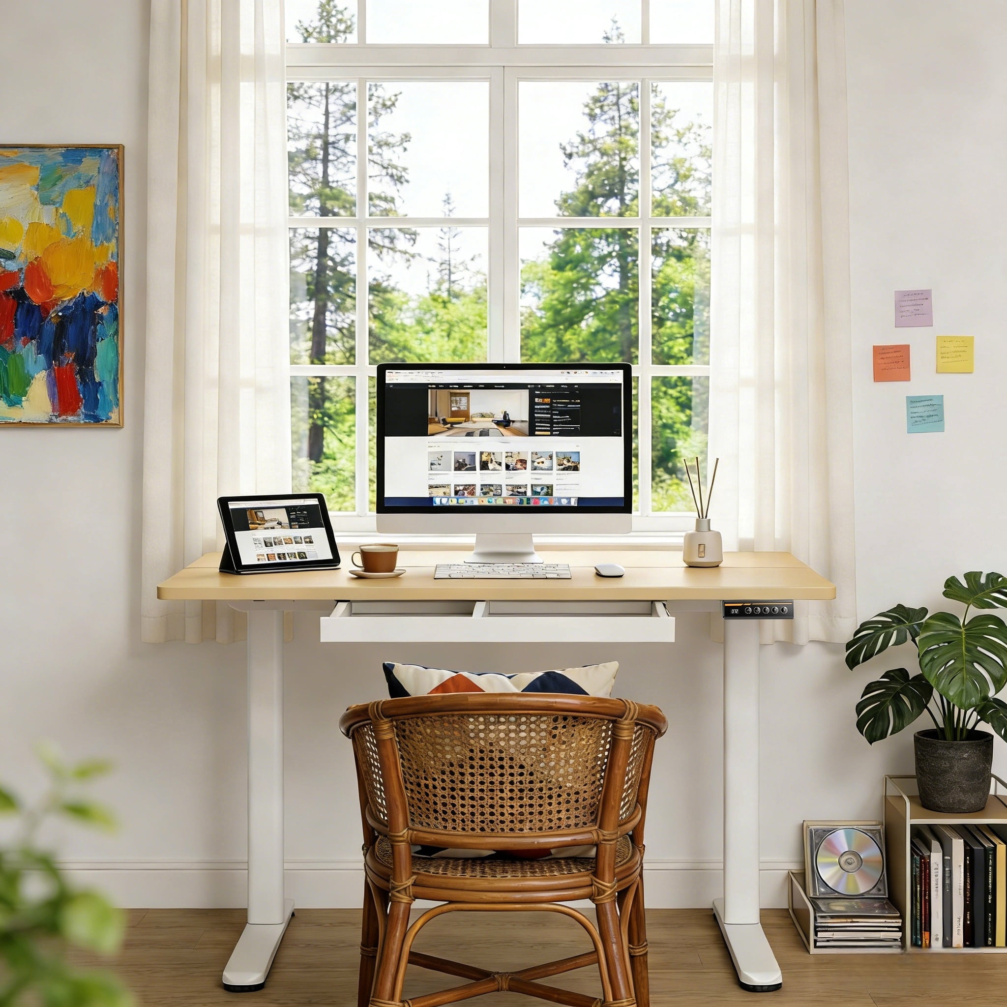 INNOVAR Adjustable Standing Desk with Drawers, 55x24 inch Electric Stand up Adjust Height Sit Stand Desk with Storage Home Office Computer Table Workstation with Power Lifting, Natural