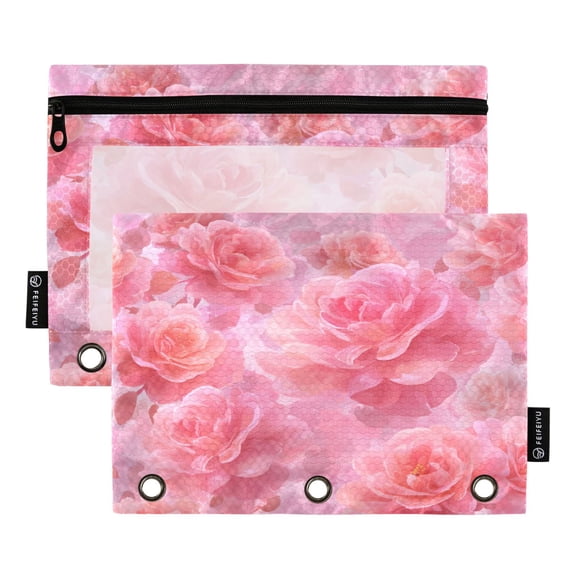 2 Pack 3 Ring Binder Pouch with Clear PVC Window Water Resistant Zipper Pencil Pouch Pale Pink Roses Pattern Binder Pocket for Classroom Office Home Stationery Organization