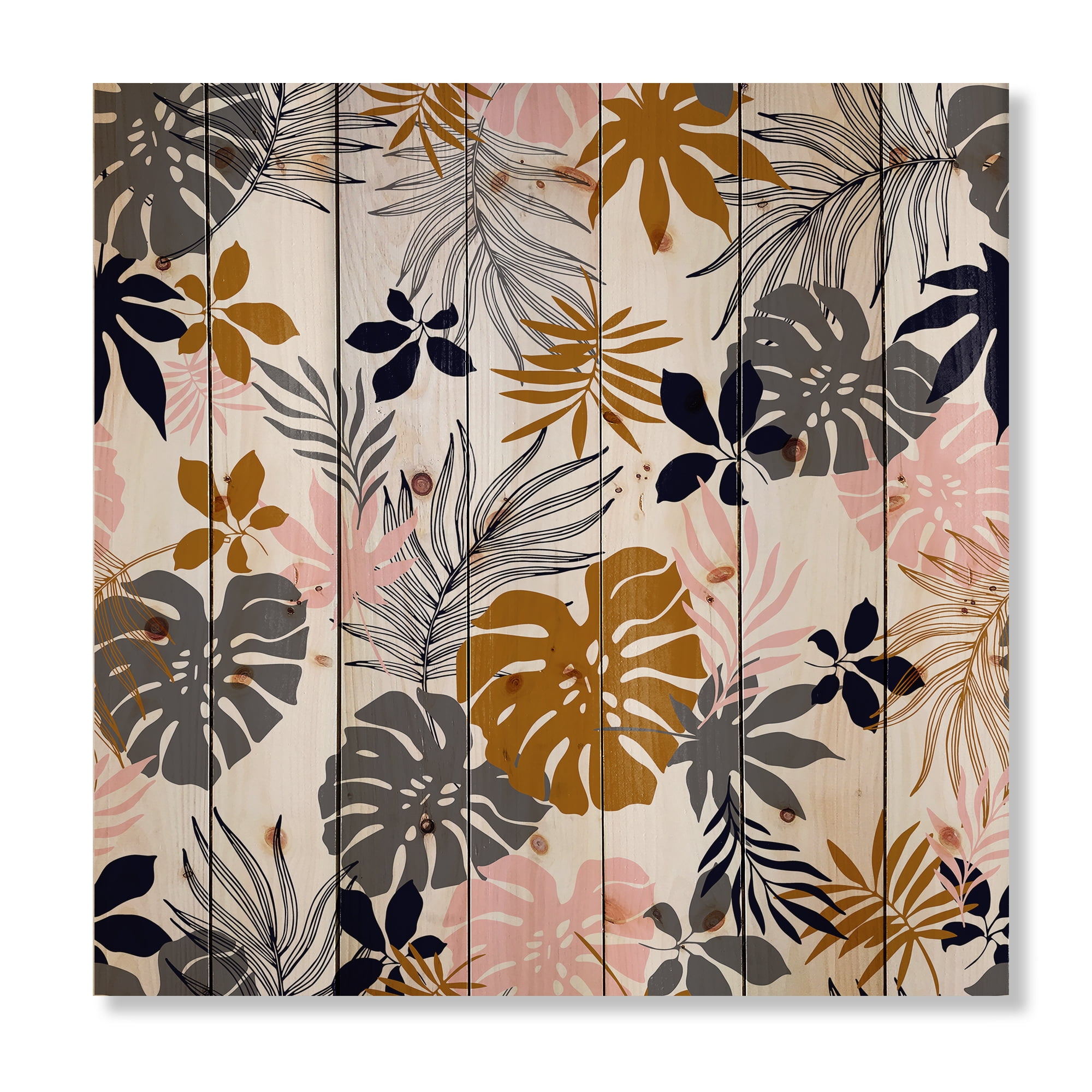 Designart 'Tropical Naturepalm Monstera Leaves In Silhouette On White' Traditional Print on Natural Pine Wood