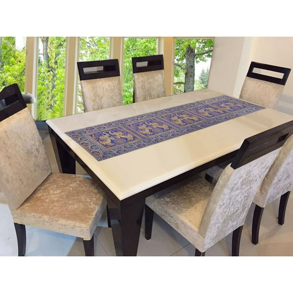 Stylo Culture Brocade Jacquard Dining Table Runner Dark Blue Rectangular Bohemian Indian Home Decor Elephant Floral Ethnic Coffee Table Cloth | 60x16 Inches ( 152 x 40 cm)