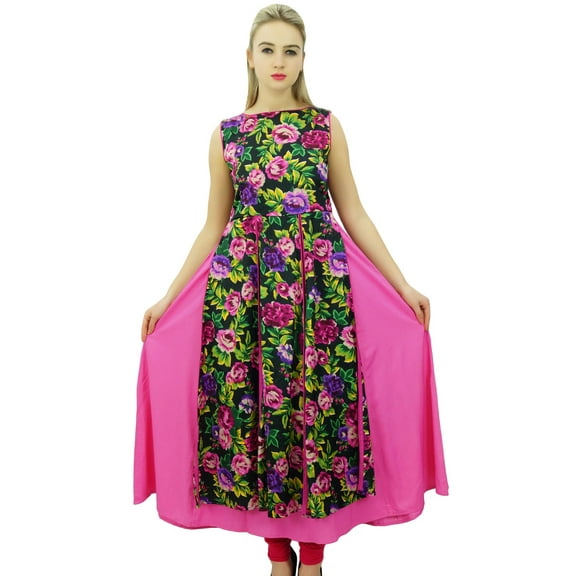 Phagun Ladies Pink Anrakali Kurti Indian Double Layer Kurta Women Summer Dress-4