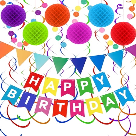 Happy Birthday Banner Decoration, Rainbow Colorful Party Decor Set with Honeycomb Balls, Swirl Streamers, Confetti Garland  for Birthday Party Men Boys Women Kids(Rainbow)