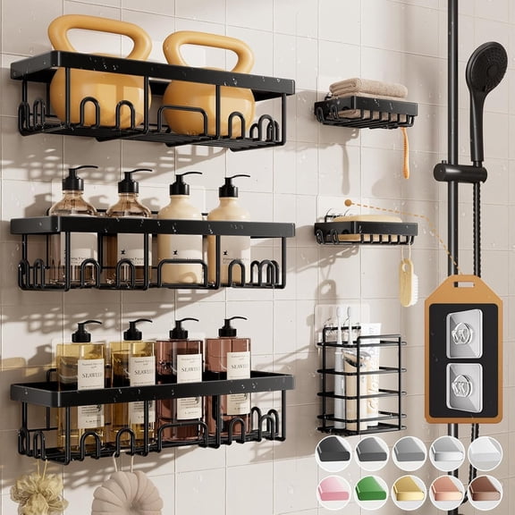 Veken Rustproof Shower Caddy 6-Pack, Heavy-Duty Wall Shelves Users Recommend for Bottles, Soap and Large-Capacity Bathroom Organization, Black