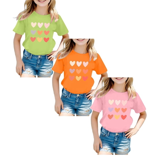 XEGLSBU 3 Pack Girls Shirts with Heart Printing Short Sleeve Tee Casual Tops Summer (Size 11-12 Years)