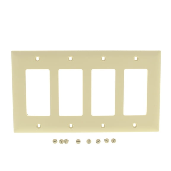 Pass & Seymour Legrand TP264-I 4-Gang Decorator GFCI Rocker Switch Wall Plate, Trademaster Size, Unbreakable Nylon, Ivory