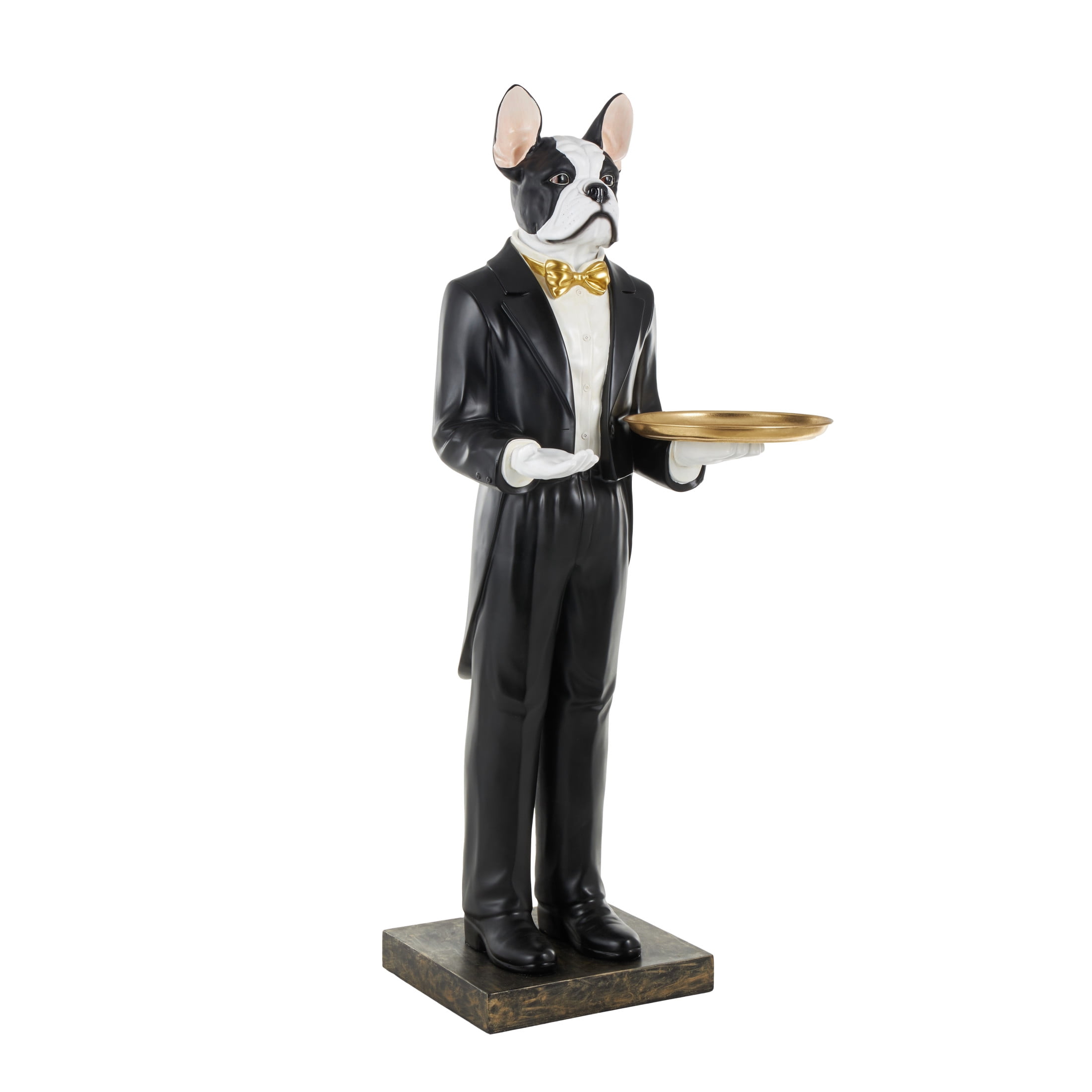 26" x 64" White Resin Floor Waiter Dog Sculpture with Gold Bow Tie and Plate, by DecMode
