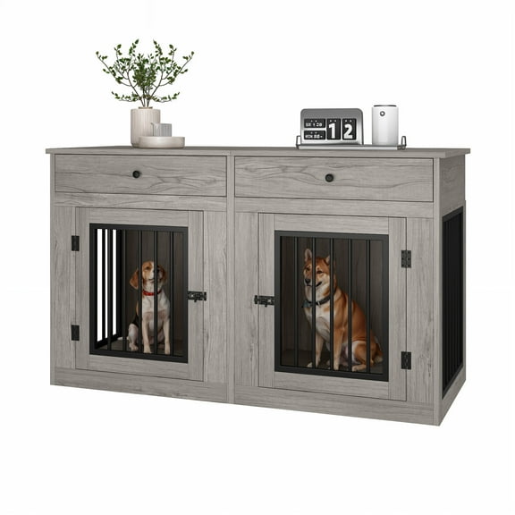 ModFusion 60" Gray Iron-Wood Dog Crate Furniture with Divider & Storage Drawers, Indoor Kennel Table for Large Dogs up to 80 lbs