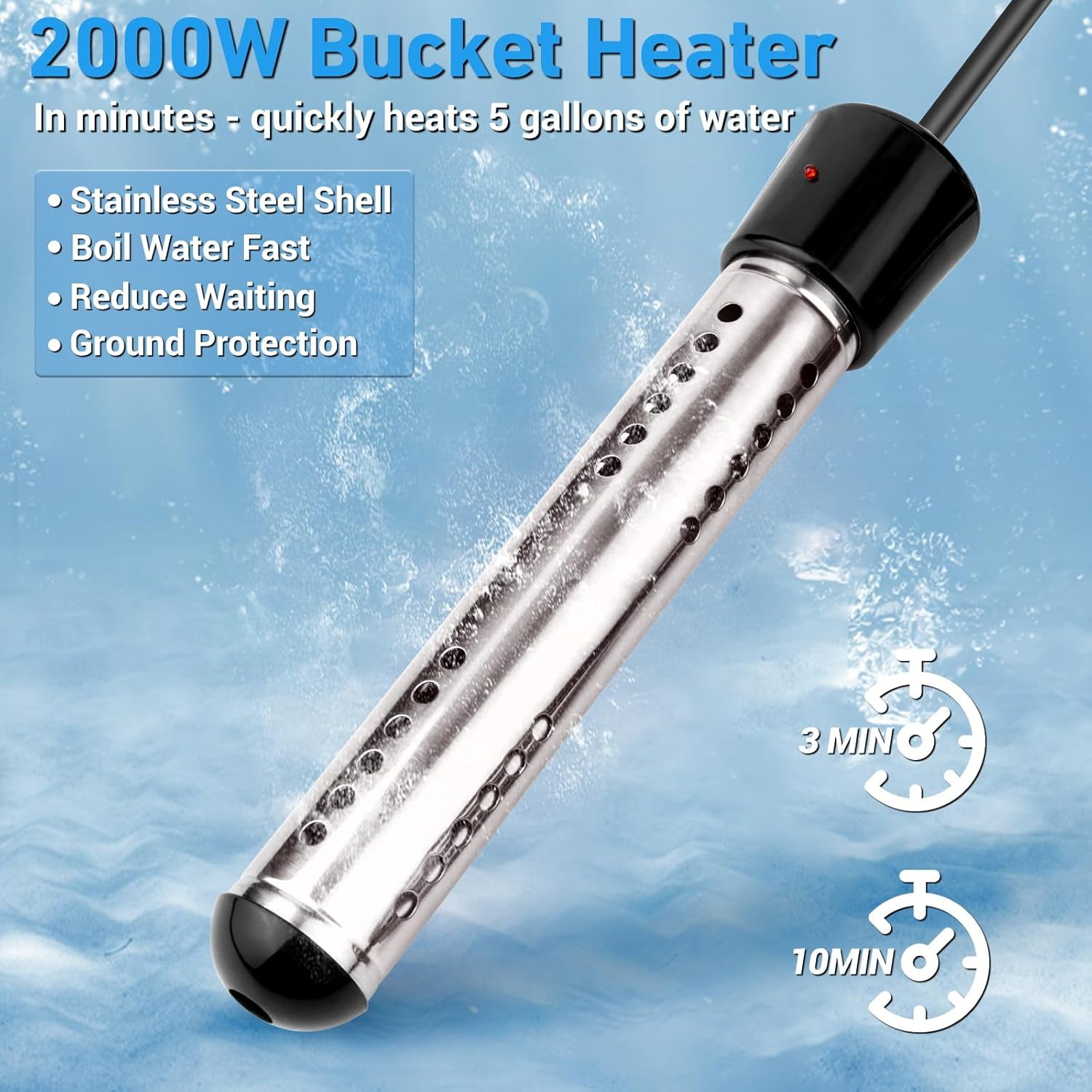 JOGGEIL Immersion Water Heater 1500W with 158°F Auto Shut-off, Portable Submersible Water Heater with Full 304 Stainless Steel Guard and LCD Thermometer, Fast Heating for Bucket, Bathtub, Small Pool