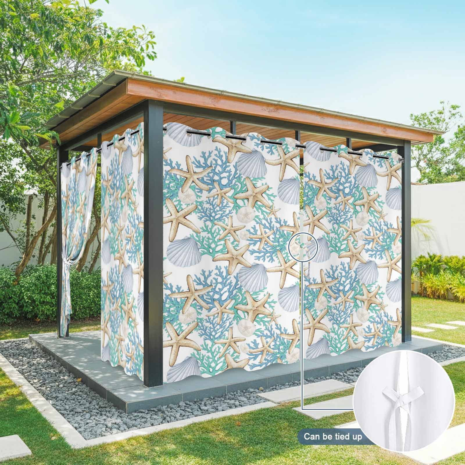 Seashell Starfish Outdoor Curtains for Patio, Coastal Green Blue Coral Sand Dollars Sunshade Privacy Drapes Grommet Waterproof Outside Curtains for Porch/Cabana/Balcony 54"x 95", 2 Panel