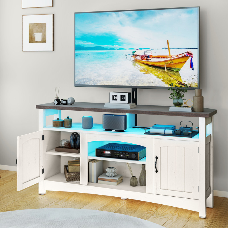 Uforic TV Stand with Mount & LED Lights, Farnhouse Entertainment Center with Power Hub for 70 Inch TV, Warm White