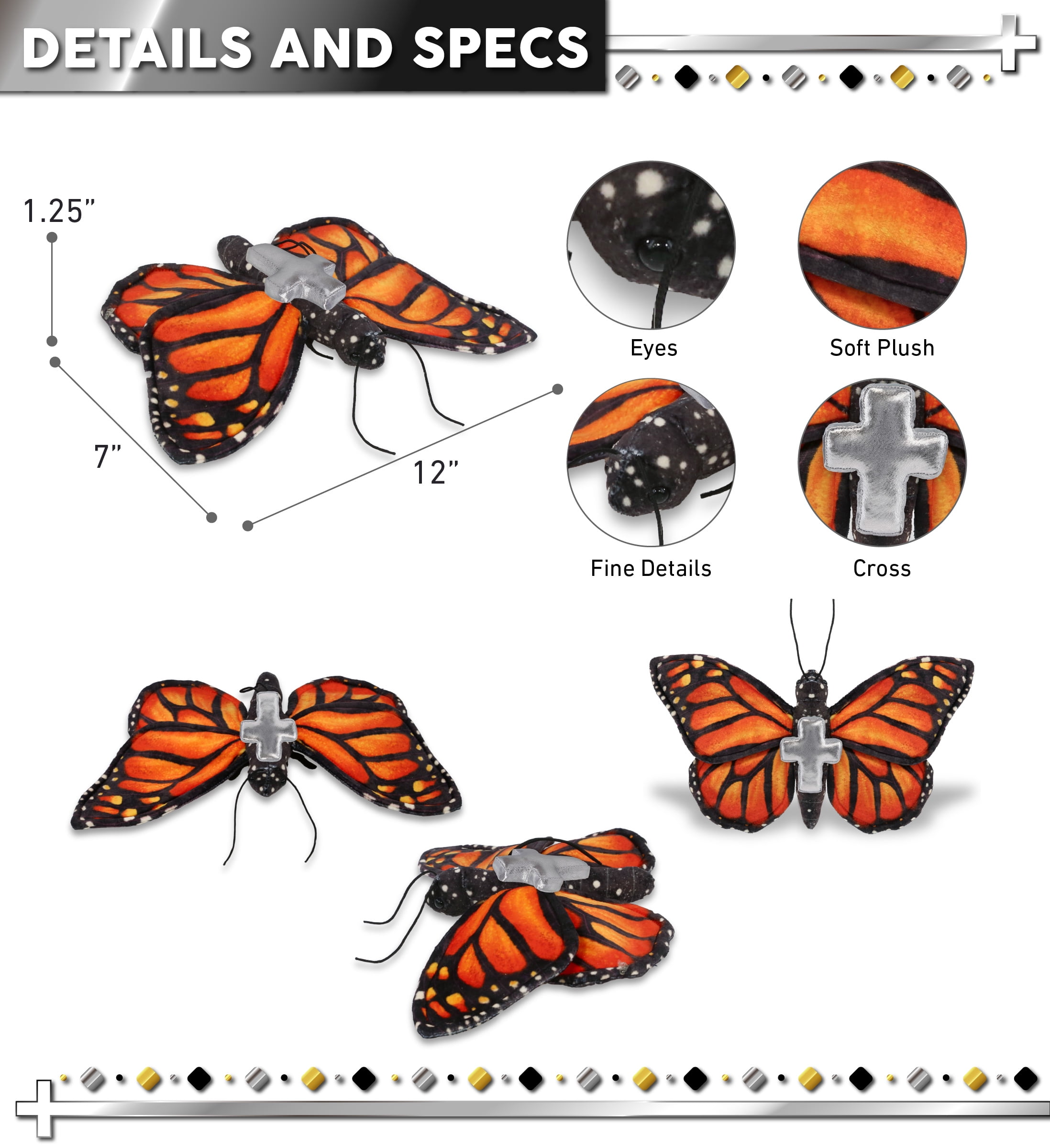 DolliBu Wild Collection Orange Butterfly Stuffed Animal with Silver Cross Plush - Baptism Gifts for Boys and Girls, Dedication Christening Gifts Plush Prayer Toy Healing Stuffed Animal - 12 Inches