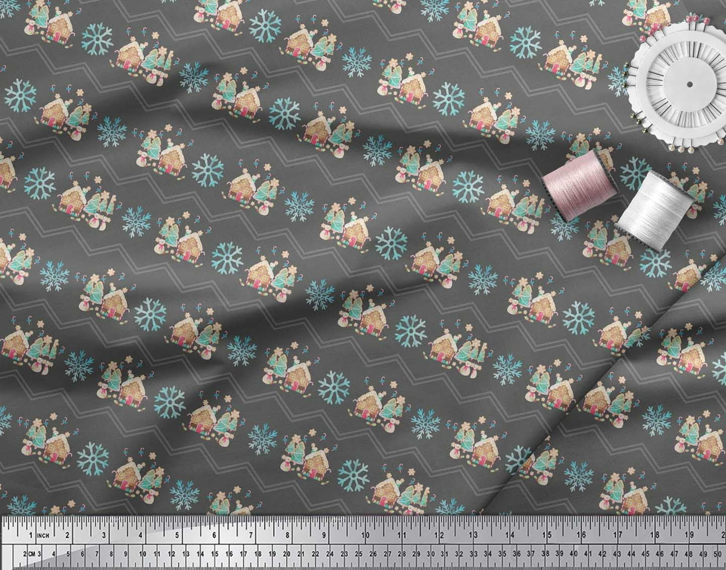 Soimoi Gray Rayon Fabric Snowman & Snowflake Christmas Printed Craft Fabric by the Yard 56 Inch Wide