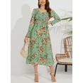 thumbnail image 2 of Liacowi Women Vintage Long Dress Elegant Flower Print U Neck Long Sleeve Dress Boho Flowy Tie Up Loose Fit Beach Dress, 2 of 8