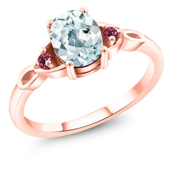 Gem Stone King 18K Rose Gold Plated Silver Sky Blue Aquamarine and Pink Tourmaline 3-Stone Rings for Women (1.26 Cttw, Gemstone March Birthstone, Oval 8X6MM, Size 8)