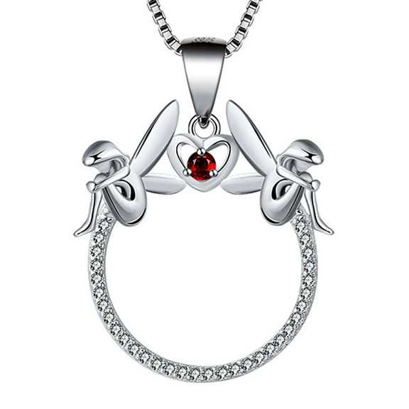 Fairy Heart Sterling Silver Red Cz Pendant Chain Necklace Women Whimsical Ginger Lyne Collection