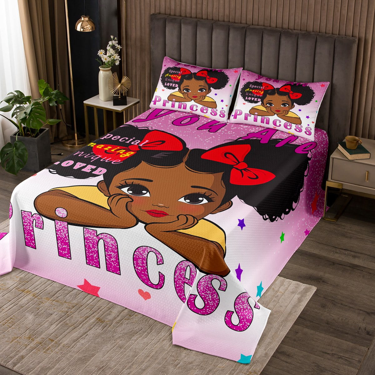 YST Black Little Girl Bedspread Set For Girls Queen American African Princess Girl Quilt Set Cute Afro Girl Bedding Set Kawaii Magical Coverlet Set Pink Black Room Decor 2 Pillow Cases