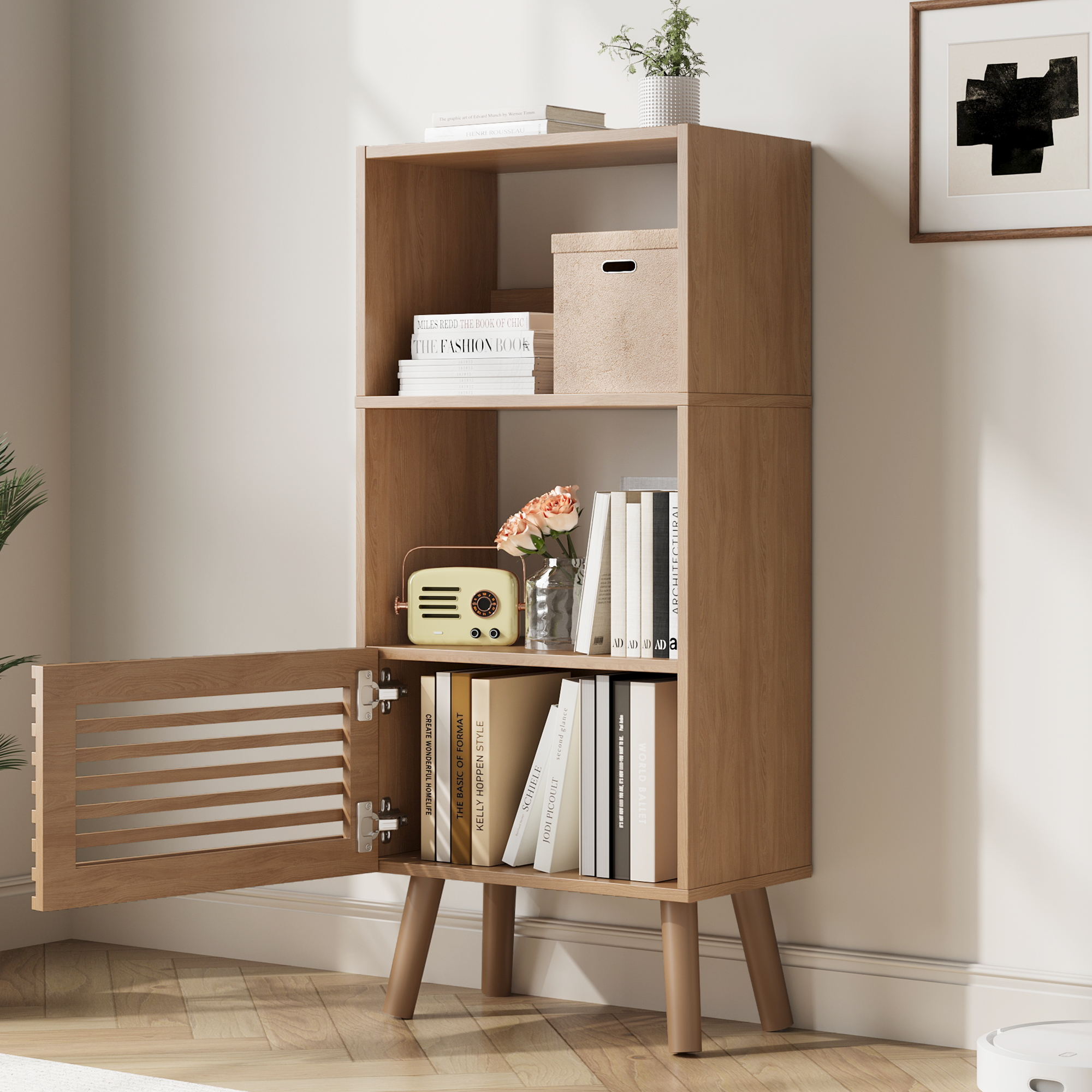 43" H Open Shelf Cube Bookshelf with Slatted Door, Mid-Century Small Bookcase with 3 Cubes, Open Shelves Display Storage Cabinet for Living Room, Home Office, Oak