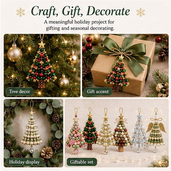 DIY Beaded Christmas Tree Ornament Kit, Classic Christmas Tree, Green Red Gold with Star Top, Single Kit