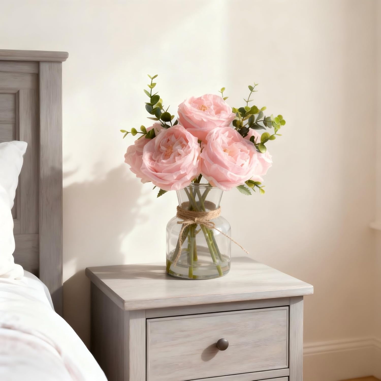 Artificial Pink Roses in Vase, Lifelike Faux Flowers Arrangement with Artificial Water, 13×10 Fake Flowers in Vase for Dining Table Centerpiece, Home & Restaurant Decor