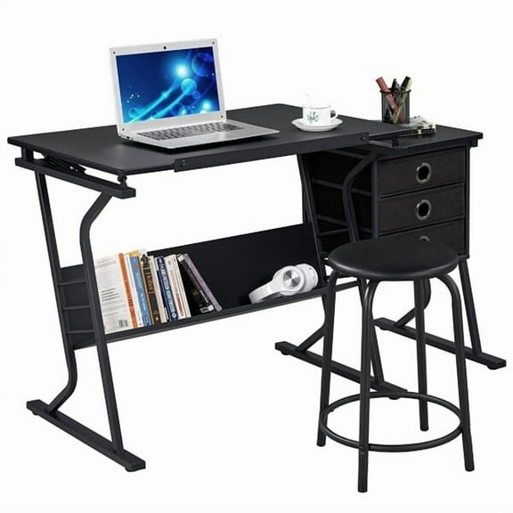 RTRWDC Drafting Table & Stool Set for Artists, Tilting Tabletop (0-40°) with Side Countertop, 3 Fabric Drawers & Storage Shelf, Water-Resistant Easy-Clean (Black)