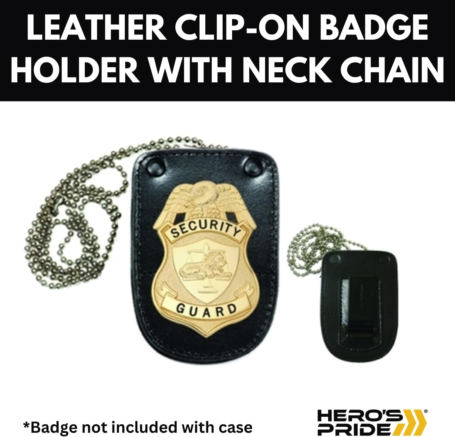 Hero's Pride Universal U-Shape Badge Holder – Leather with Clip & Chain, 3"x4-1/4"