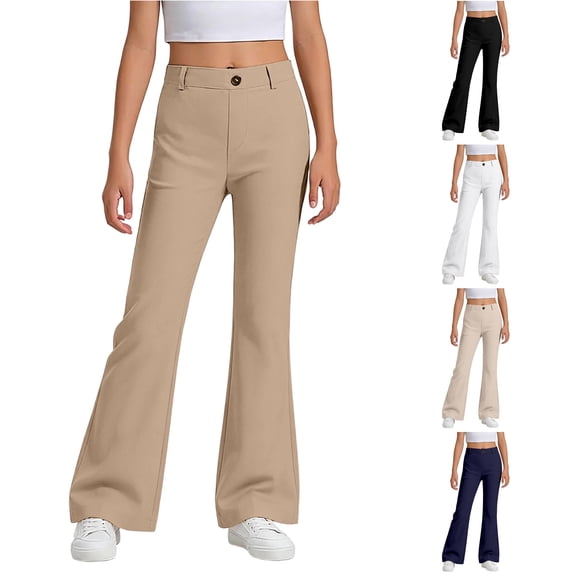 Bigetiay Uniform Pants For Girls Elastic Waist Pull On Dress Pants Stretchy Flared Leg Chino Khaki Pants For Girls Uniform Clothes For Girls 15-16 Years