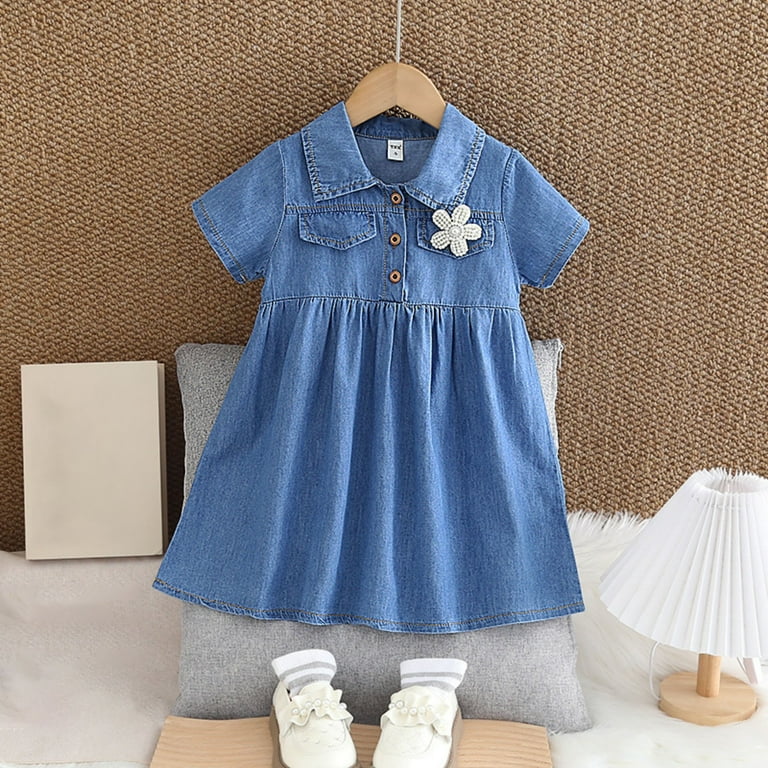 CYRBOKO Girls Denim Dresses, Casual Lapel Neck Short Sleeve A-line