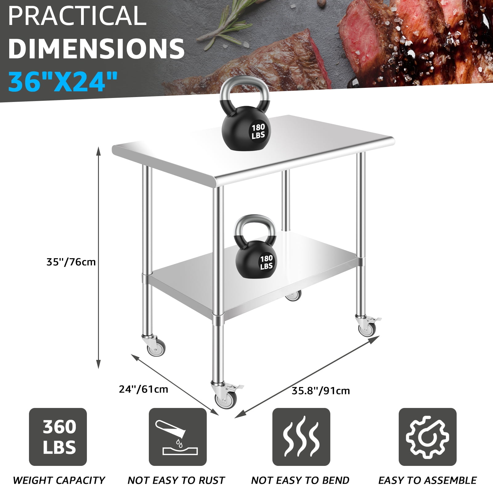 Jacgood Stainless Steel Prep Table, 36 x 24 x 35 inch, 360lbs Load Capacity Heavy Duty Metal Worktable with wheels and Adjustable Undershelf, Commercial Workstation for Kitchen Restaurant
