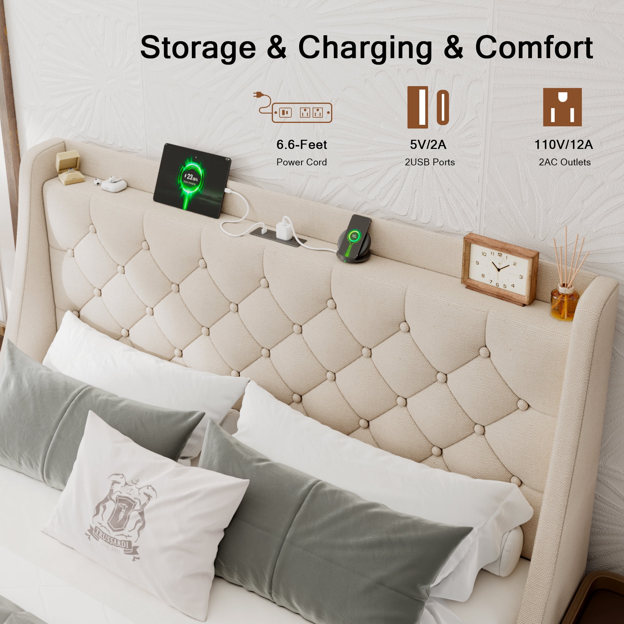 Honfach Queen Bed Frame with 4 Storage Drawers, Upholstered Storage Bed with Charging Station, Wingback Storage Headboard, No Box Spring Needed,Beige