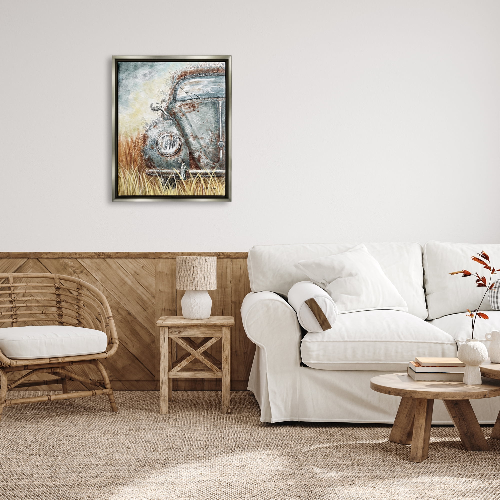 Stupell Industries Vintage Car Country Field Transportation Painting Gray Floater Framed Art Print Wall Art, 25 x 31
