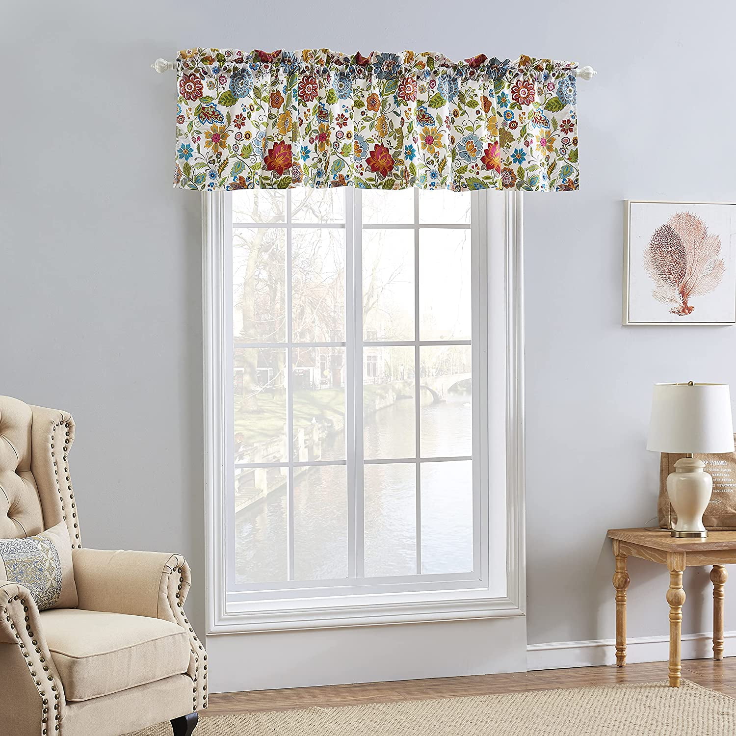 Global Trends Amanda Contemporary Floral Print Window Rod Pocket Lined Valance, White, 84 W x 19 L inches