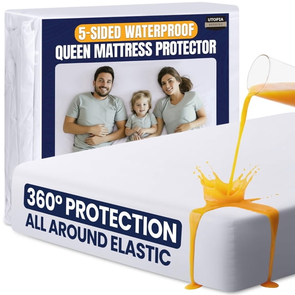Utopia Bedding Waterproof 5-Sided Mattress Protector Queen Size, Premium Breathable Mattress Cover, Fitted Style with Stretchable Pockets (White)