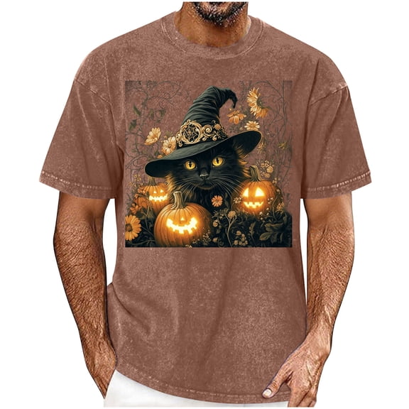 Xdegoge Men Vintage Halloween Graphic Tees Floral Pumpkin Cat Top Short Sleeve Casual Crewneck T-Shirt Novelty Fall Clothing for Holiday Festival Lounge Wear