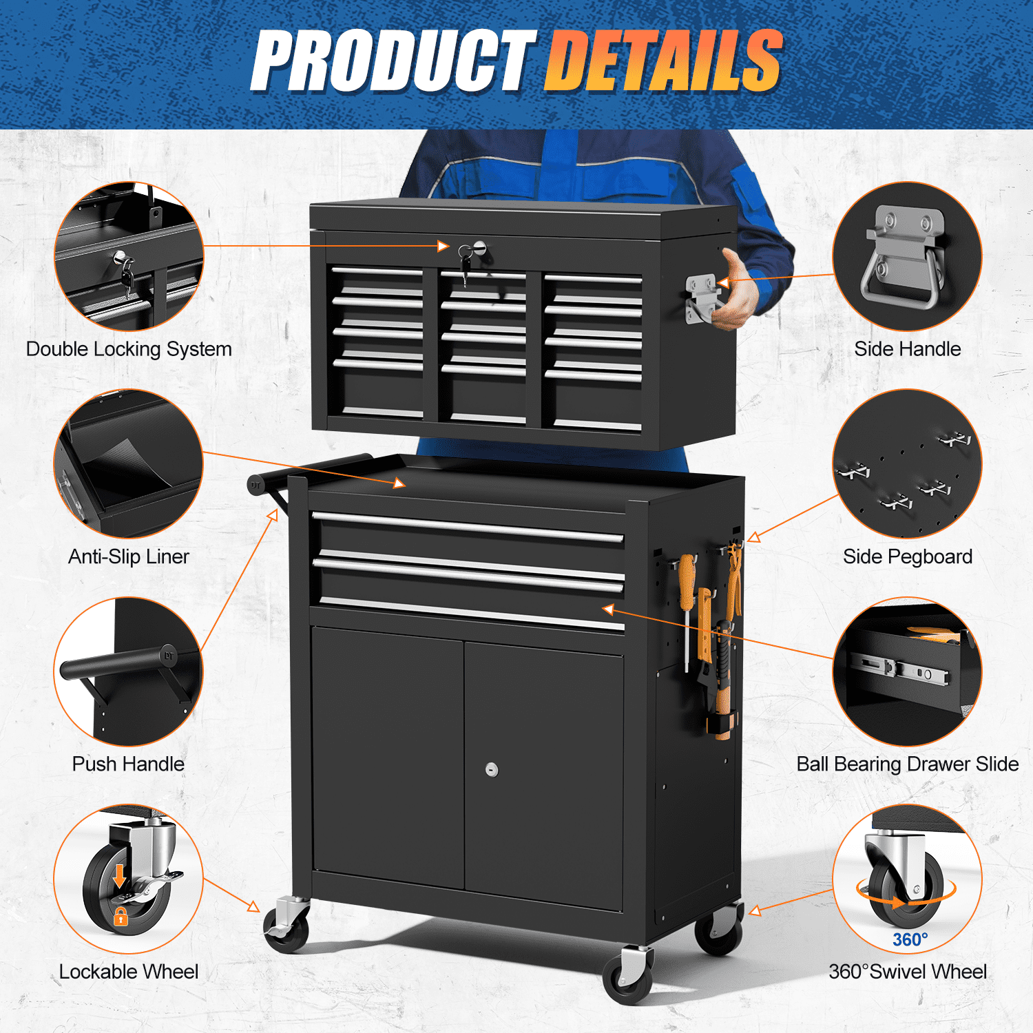 ZBOM 24.2 inch 10-Drawer Rolling Tool Chest, Sliding Metal Drawer Rolling Tool Storage Cabinet, Removable Toolbox Organizer for Workshop, Garage