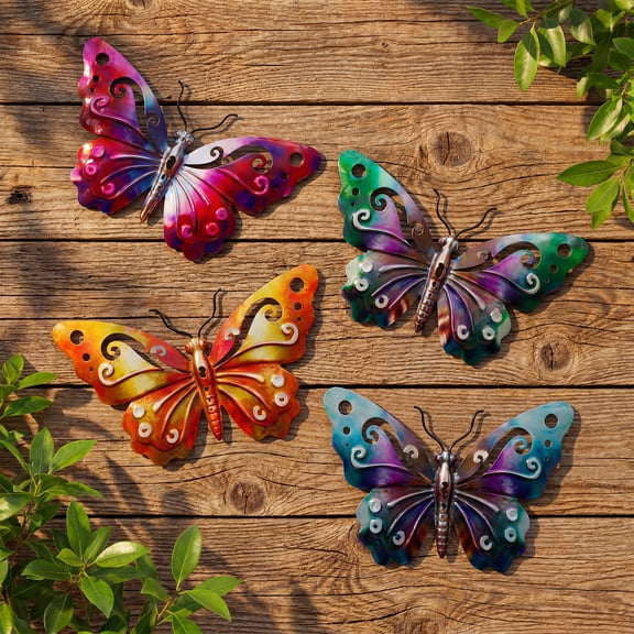 Metal Butterfly Wall Decor, 4 Pack 9.6" Outdoor Garden Hanging Ornaments for Fence, Patio, Balcony, Living Room & Bedroom
