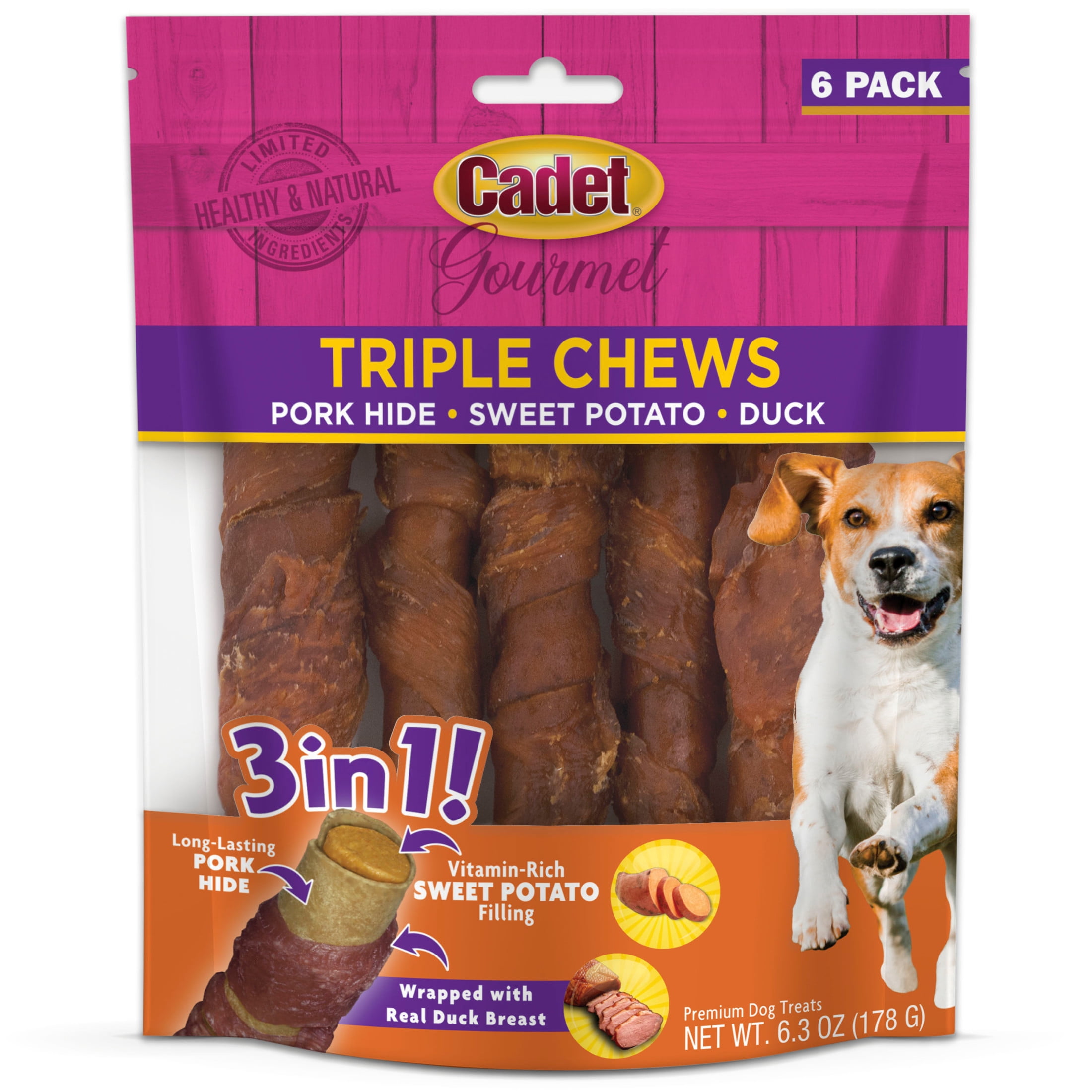 (2 pack) Cadet Gourmet Dog Treats Triple Chew Pork Hide Twists Dog Chews, Sweet Potato & Duck Flavor, 6 Count