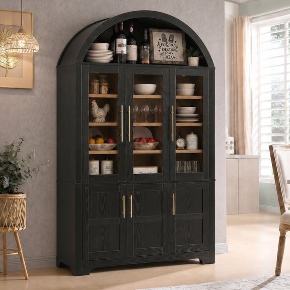 Euroco 73" Tall Arched Kitchen Pantry Cabinet,Farmhouse Wood Kitchen Storage Cabinet with 3 Glass Doors,Door Shelves & Adjustable Shelves,Freestanding Pantry Cupboard for Kitchen Bathroom,Black