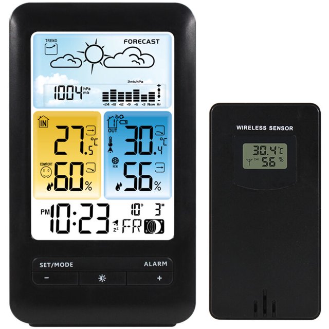 Reloj despertador con estación meteorológica LCD con repetición Digital para interior y exterior, temperatura, humedad, monitor, termohigrómetro con retroiluminación, fecha, semana, fase lunar, nivel de comodidad, función de alarma para el hogar, oficina, invernadero, almacén (negro) Kuyhfg Sin marca