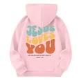 thumbnail image 4 of XADYUY Jesus Loves You Hoodie for Kids Boys Letter Print Christian Long Sleeve Sweatshirt Boys Girls Oversized Pullover Tops Casual Cute Drawstring Sweaters with Pockets,Pink, 4 of 5