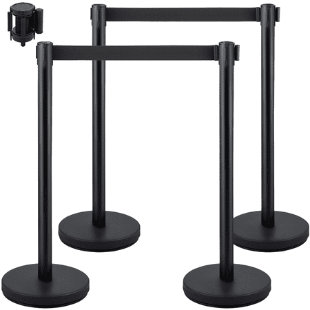 Crowd Control Stanchions 4-Pack, Black Retractable Belt Barriers - 6.6ft Stainless Steel Posts with Concrete Base - Easy Connect for Queue Management, Events, Airports