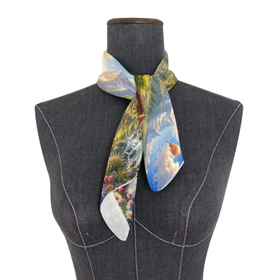 Square Scarf 24x24 Inch Sunny Mountain Village Pattern Silky Satin Sun Protection Neck Scarf for Women Multi-Purpose Head Wrap Bandana for Hair Bag Decoration