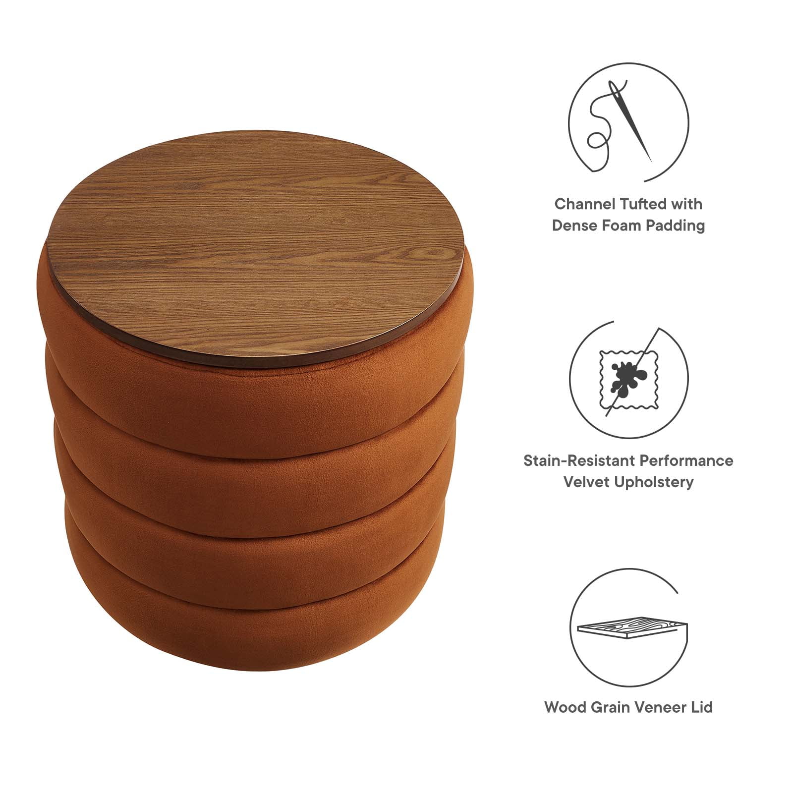 Modway Mezzo Round Performance Velvet Storage Ottoman in Rust