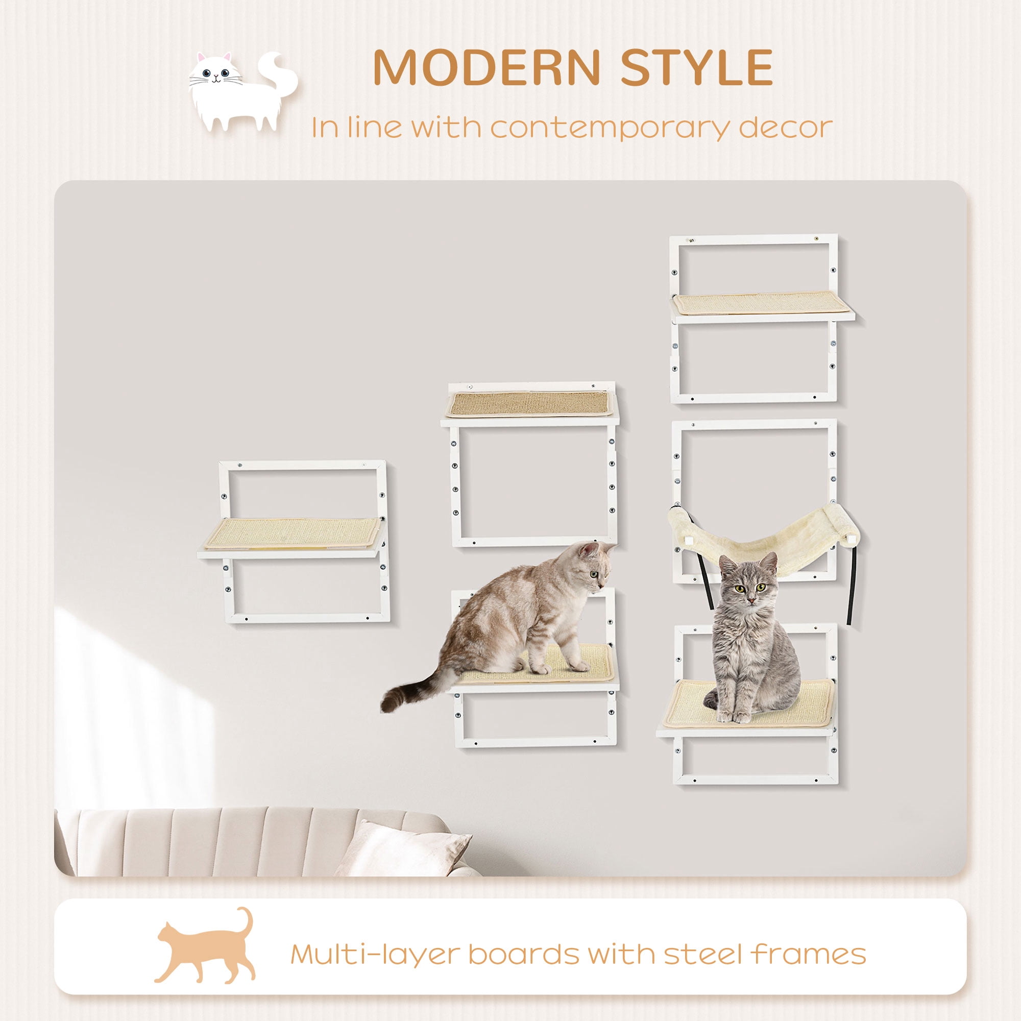 6Pcs Modern Cat Wall Shelves for Indoor Cats, Height Adjustable Jumping Platforms & Cat Hammock, Cat Shelves and Perches for Wall-Mounted Cat Tree, Cat Climbing Shelf Set, Cream
