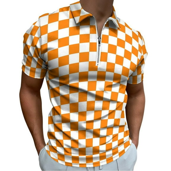 Orange And White Check Men Zipper T-shirt Summer Casual Short Sleeve T-shirt Top