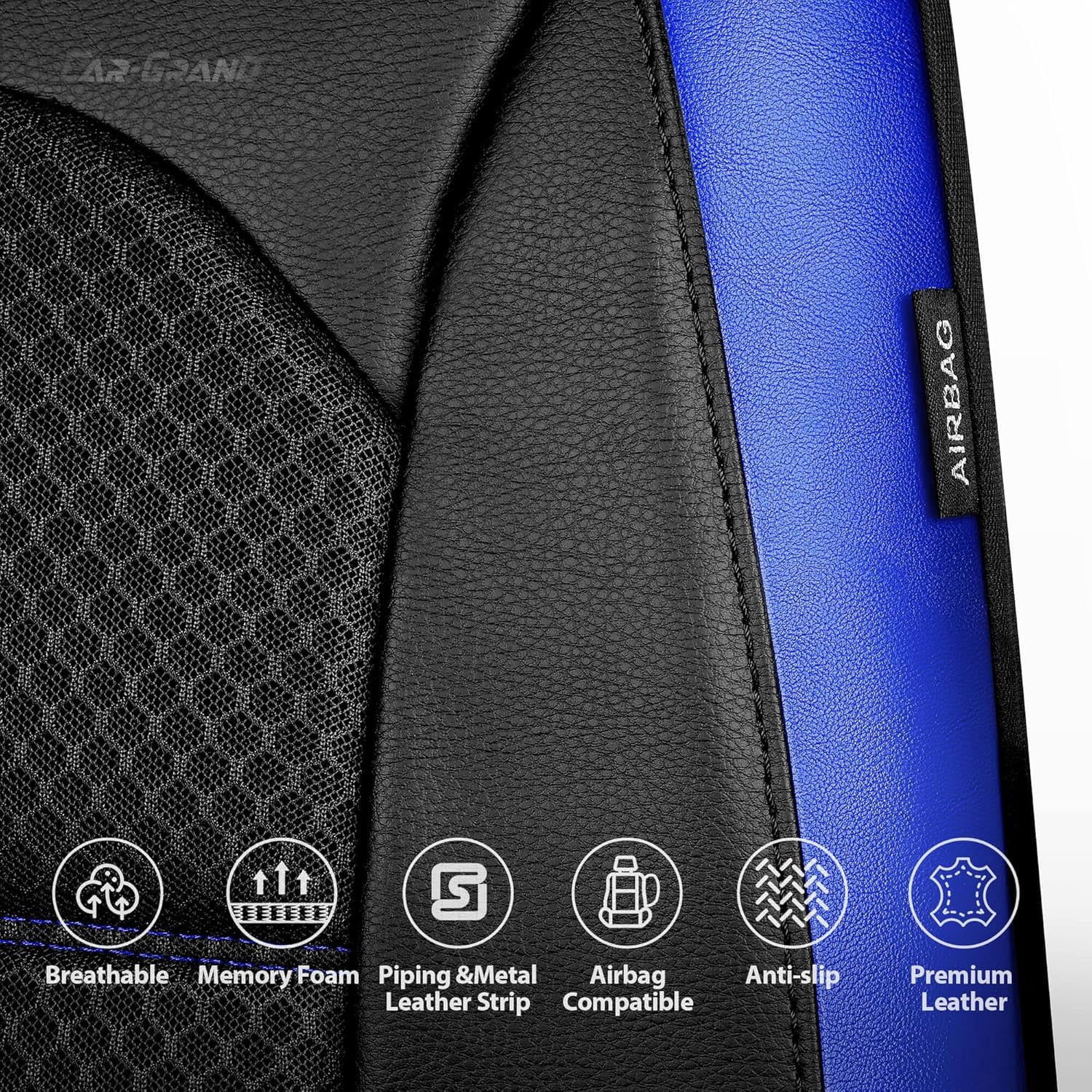 CAR GRAND Memory Foam Car Seat Covers, Leather Mesh Universal Fit Automotive Seat Protectors  Front Pair for Trucks SUV Sedan Metal Film Leather Armrest Airbag Compatible Comfortable  Black Blue