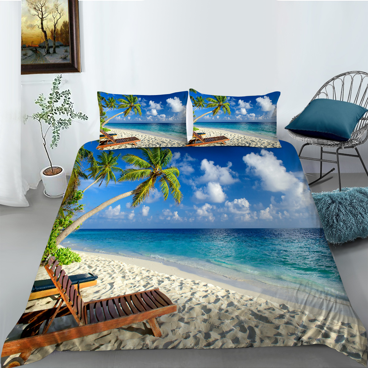 wenjialing 3D Beaches Printing Duvet Cover Set Soft Bedding Set