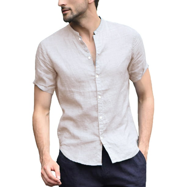 Incerun - Mens Collarless Short Sleeve Linen Buttons Shirt - Walmart ...